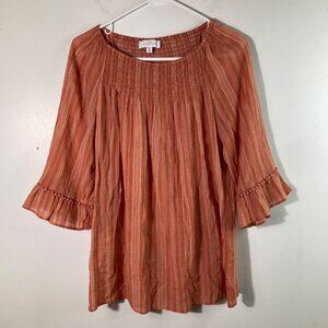 Womens New‎ Directions Smocked Neck Striped Boho Tunic Ruffle Sleeve M Orange